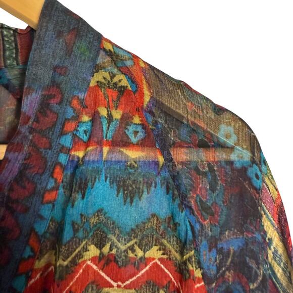 Chico’s Multicolor Silk Southwestern Print Long Sleeve V-Neck Boho Blouse Size 4 - Picture 2 of 9